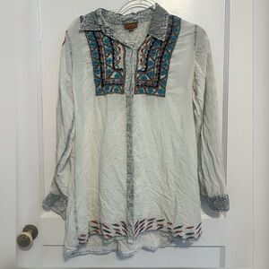 Scully Light Gray Boho Western Embroidered Long Sleeve Button Down Shirt Size L